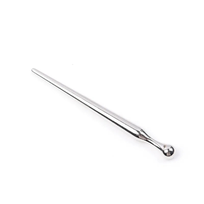 Silver metal urethral stimulation stick with round beads on a plain background