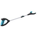 Blue foldable portable pickup tool with aluminium shaft and stainless steel grabber, shown extended and collapsed.