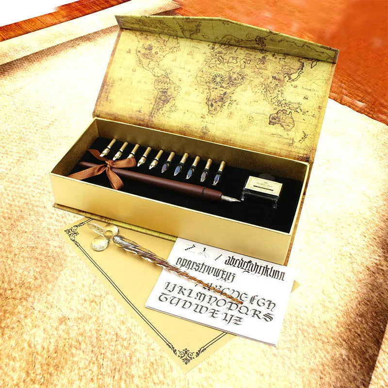 Handmade glass and wooden dip pen set in gift box with stainless steel nib, retro design for Valentine's Day