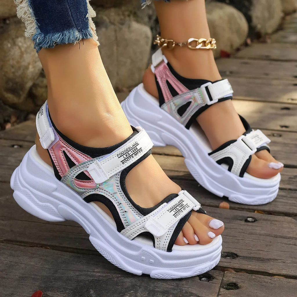 Women's Roman platform sports sandals in white and black colours with PU upper and rubber sole