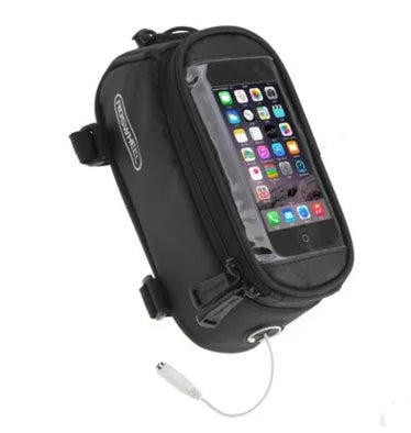 ROSWHEEL black PVC bicycle frame bag mounted on bike frame holding iPhone mobile phone