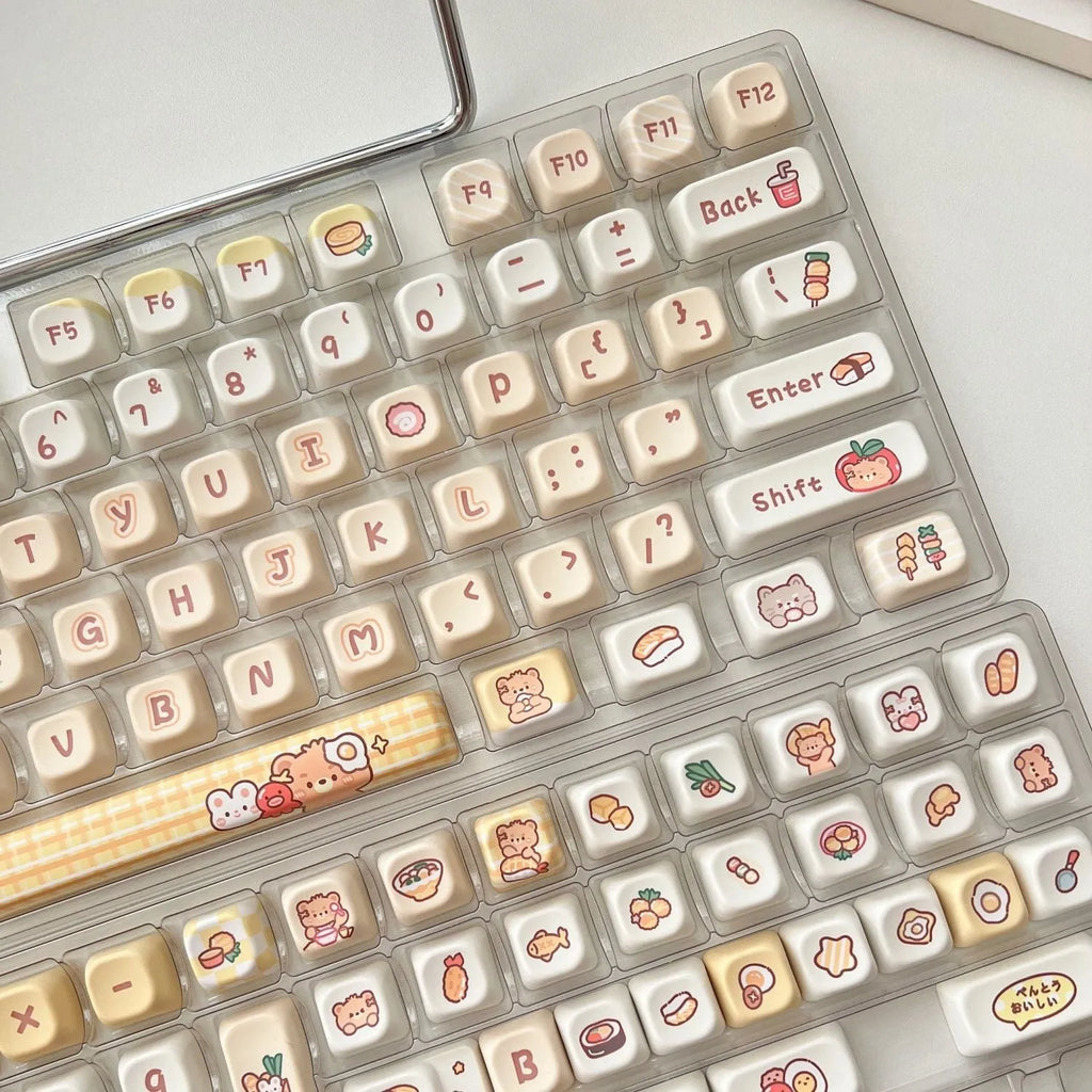 Rabbit Bear Restaurant themed PBT plastic keycap set with 140 pieces in EOA height profile.
