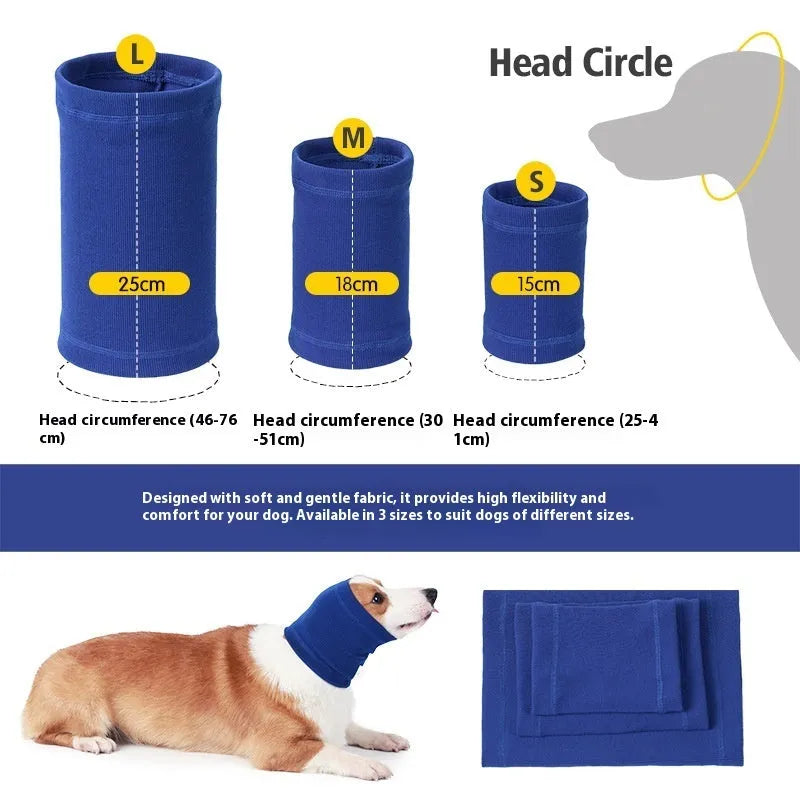 Blue and grey polyester dog comforter headband scarf shown in small, medium, and large sizes