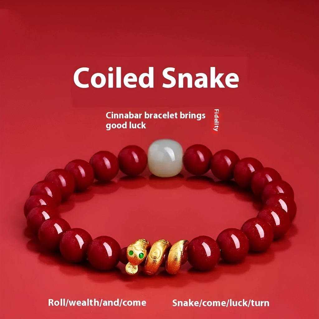 Handmade Chinese cinnabar bracelet with snake zodiac beads in 6mm or 8mm sizes