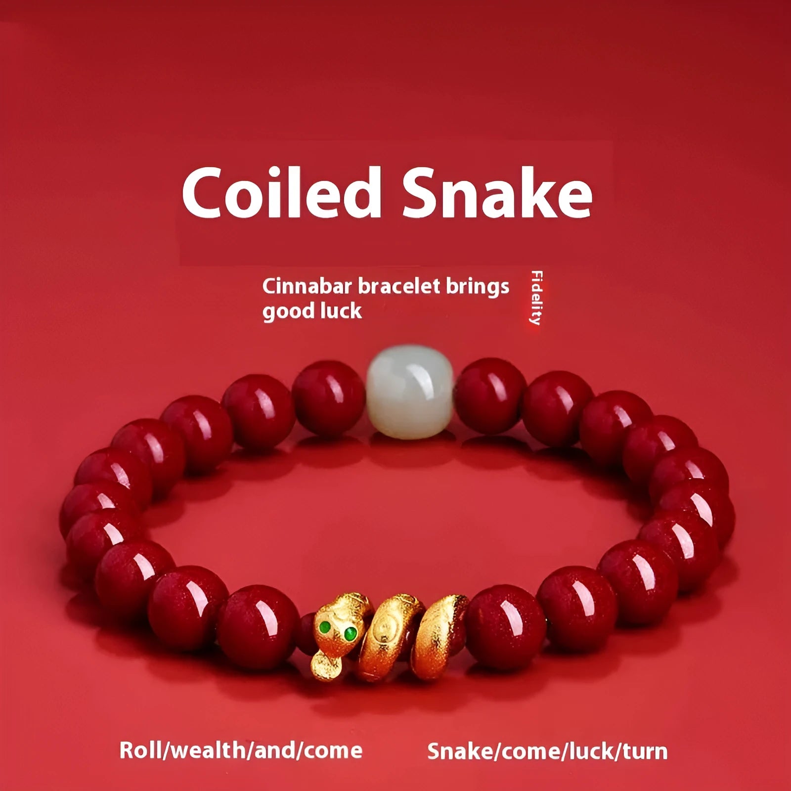 Handmade Chinese cinnabar bracelet with snake zodiac beads in 6mm or 8mm sizes