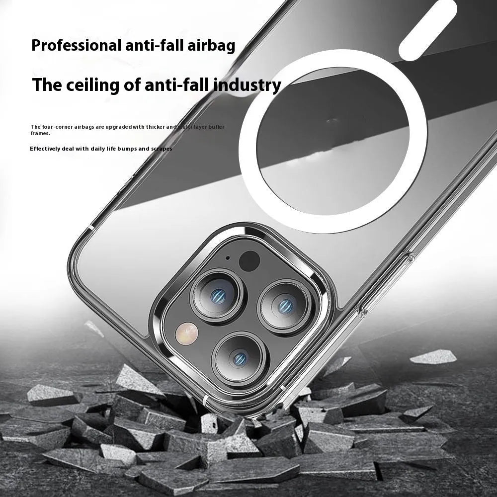 Transparent two-in-one magnetic phone case with shockproof protection for iPhone models, showing back and side view.