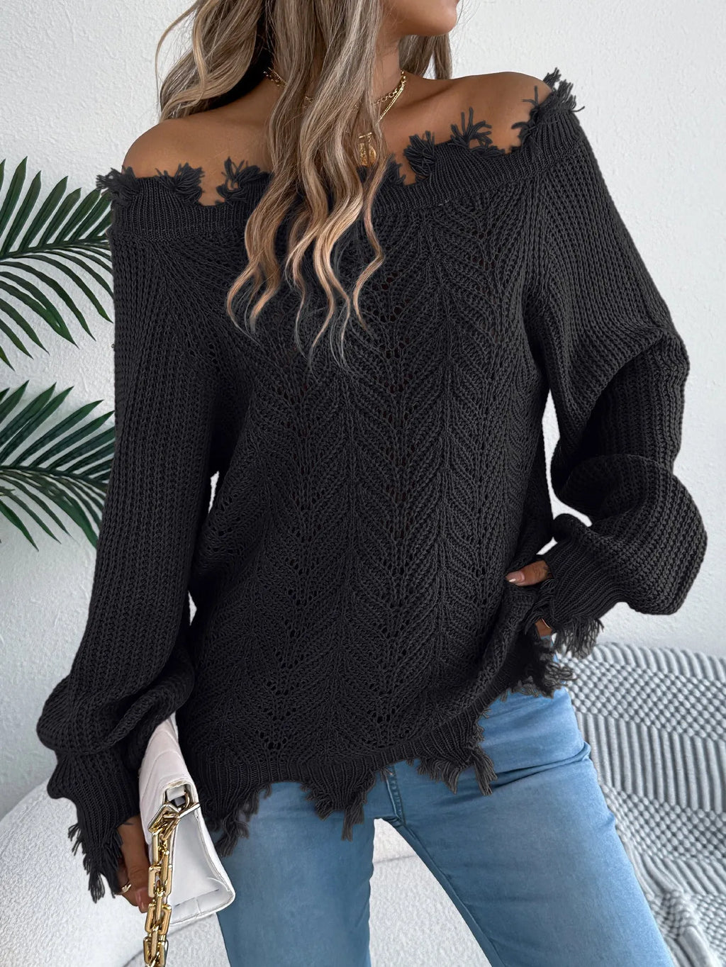 Hollow-out off-shoulder pullover sweater in artificial wool fabric, shown in black colour
