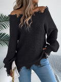 Hollow-out off-shoulder pullover sweater in artificial wool fabric, shown in black colour