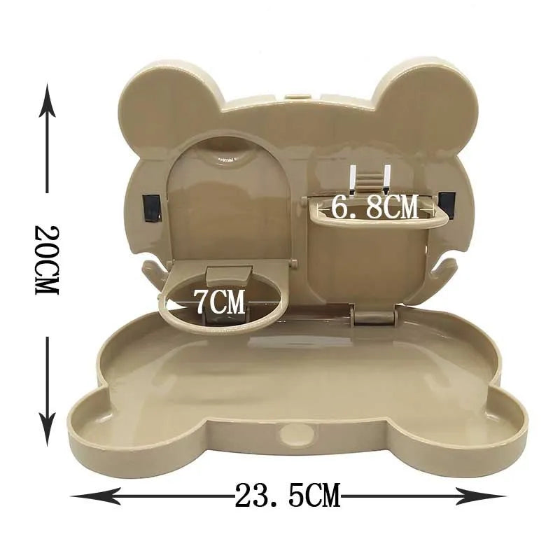 Child car seat table tray in black, with side hooks and a flat surface for snacks and drinks, size 20 x 23.5 cm