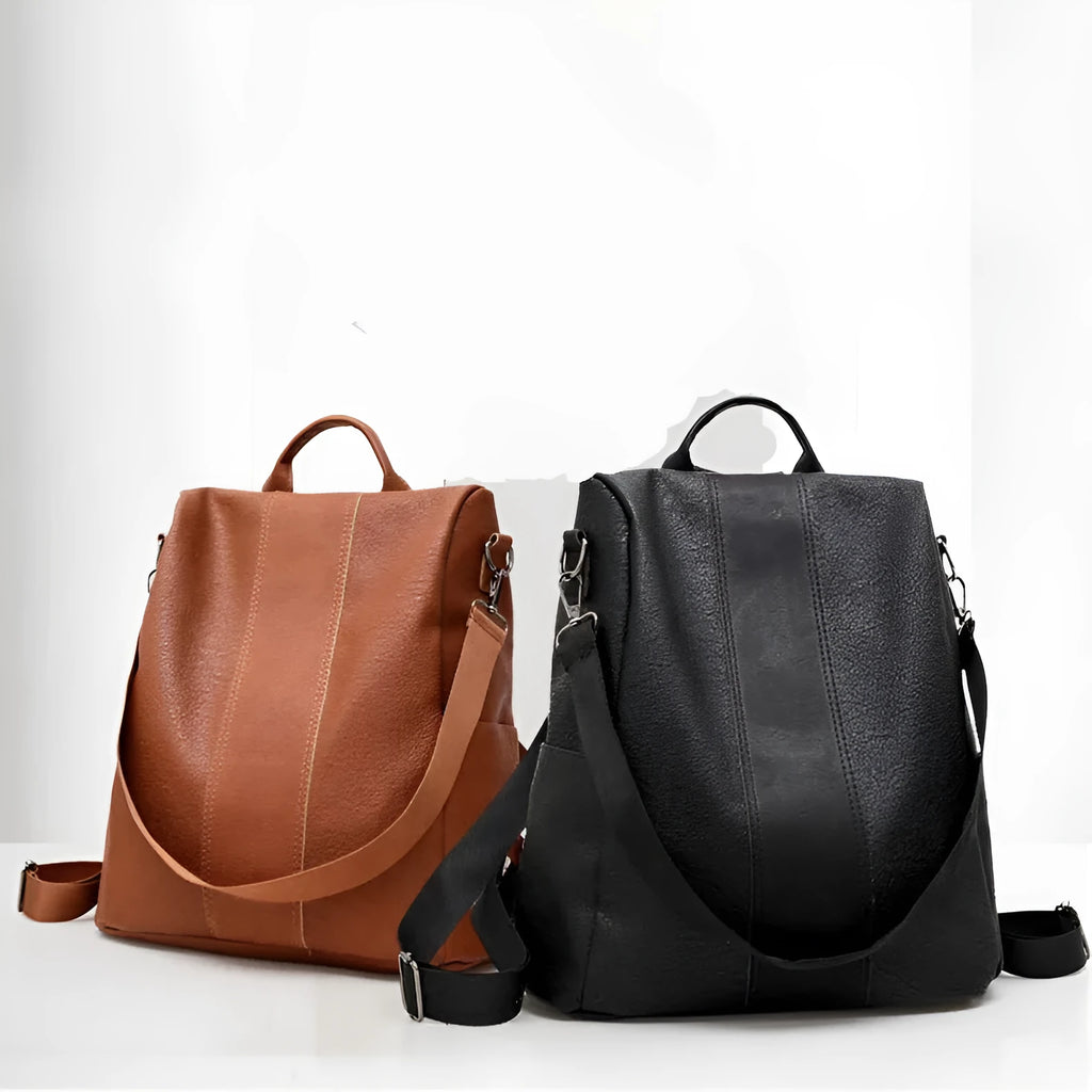Women's solid colour large capacity PU leather backpack with zipper, black, 31x15x32cm