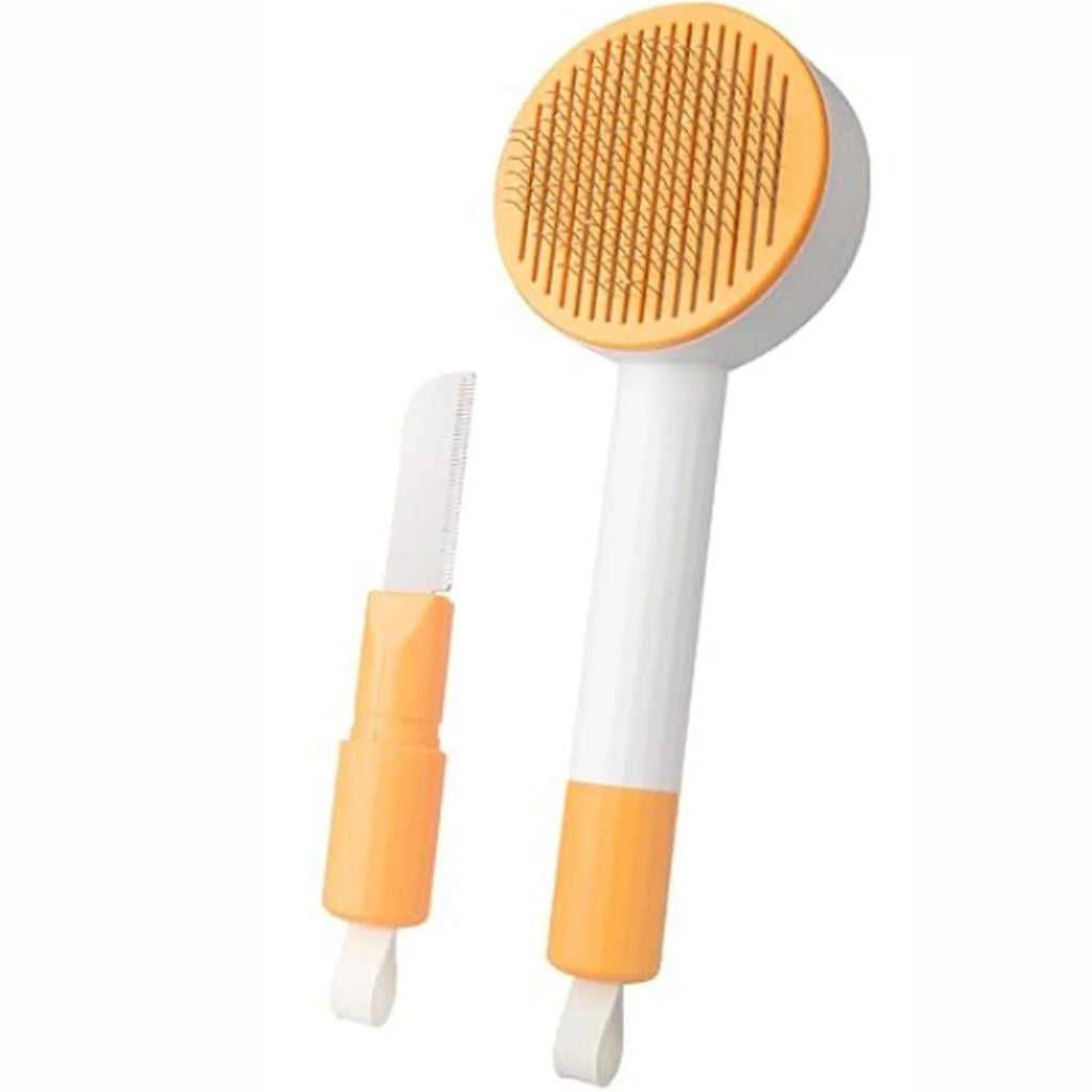 Green and yellow 2-in-1 cat grooming brush with stainless steel deshedding tool and hanging loop