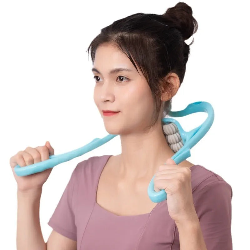 Blue handheld plastic massager with six white rotating wheels for deep tissue massage.
