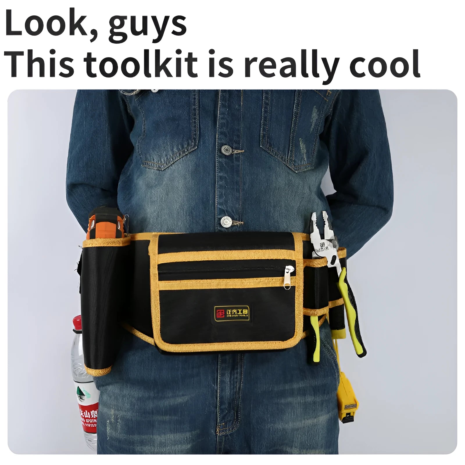 Yellow canvas electrician tool waist bag with belt for portable storage and repair use