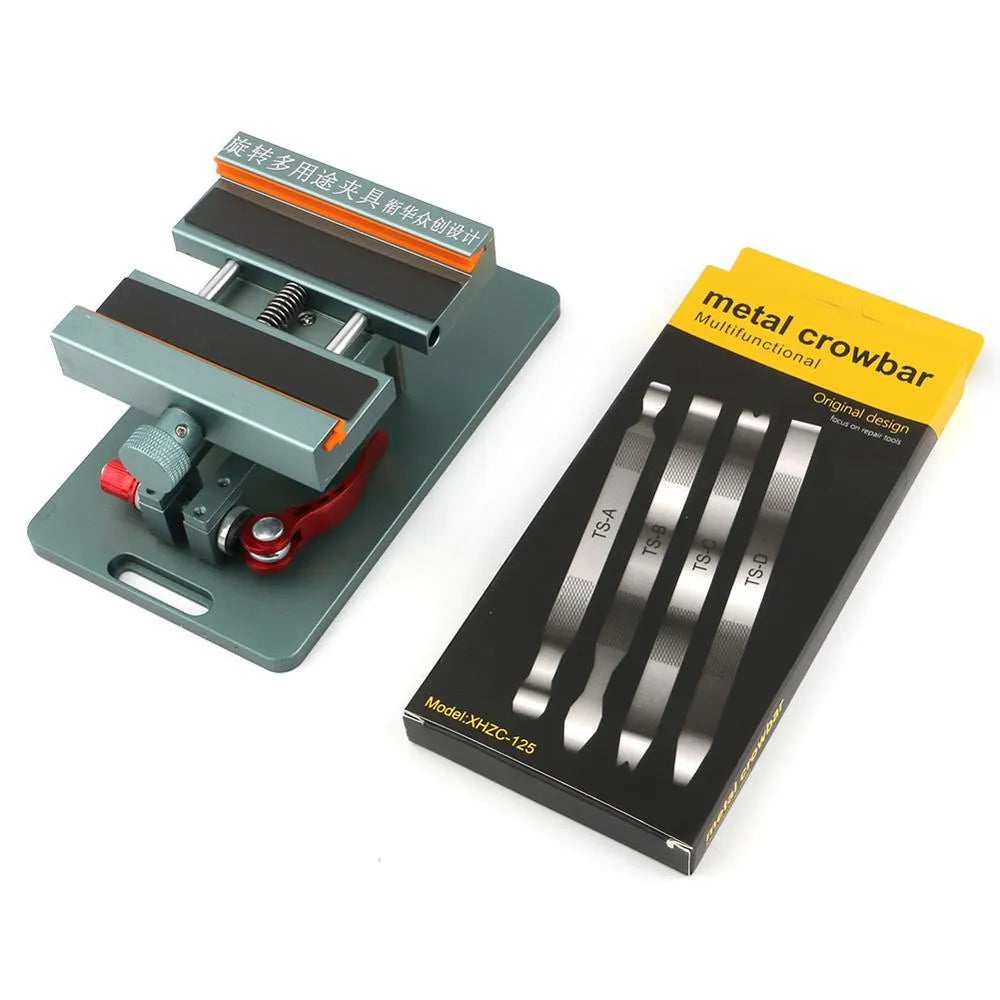 Mobile phone repair fixture with silicone grip and adjustable mechanism next to a demolition crowbar.
