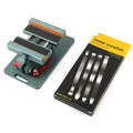 Mobile phone repair fixture with silicone grip and adjustable mechanism next to a demolition crowbar.