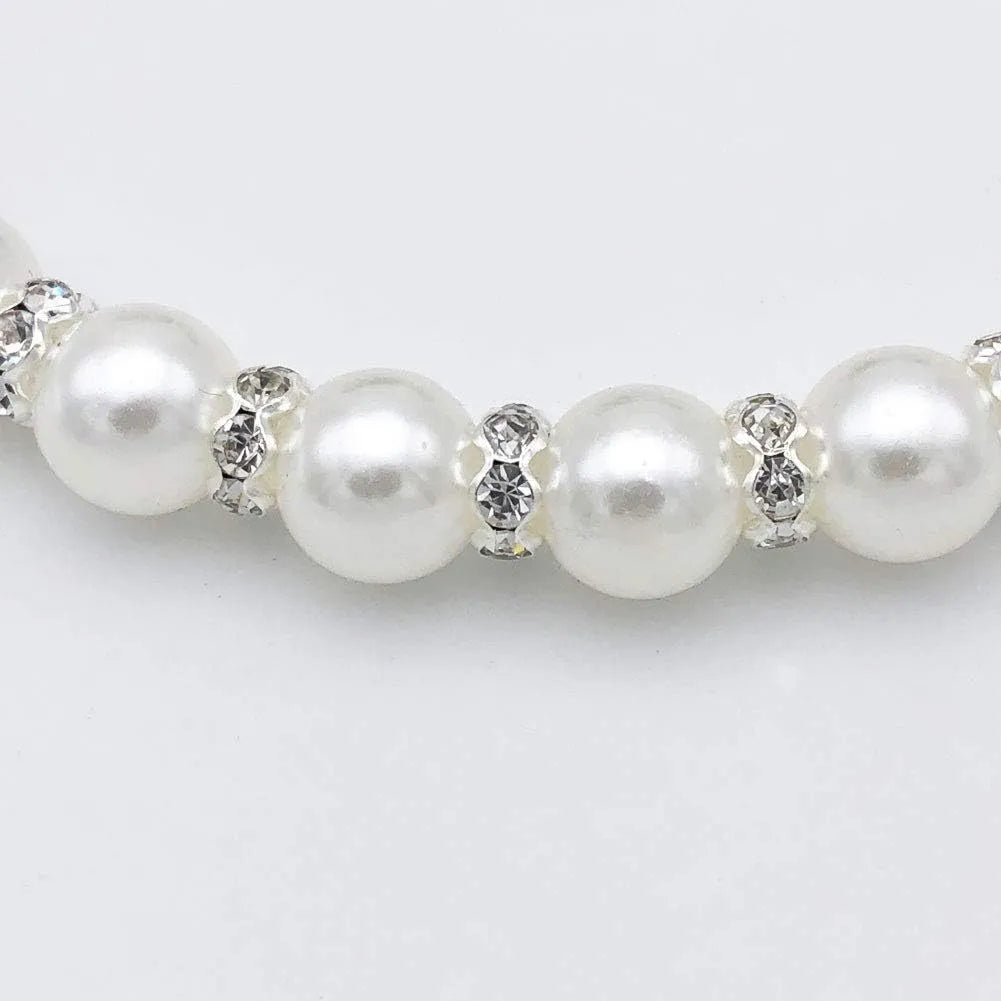 Adjustable dog pearl necklace with rhinestones on blue ribbon for small dogs