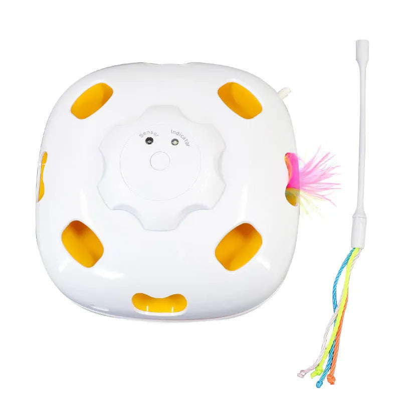 Plastic interactive cat tease toy with motion features measuring 19.8x11.5x19.5cm