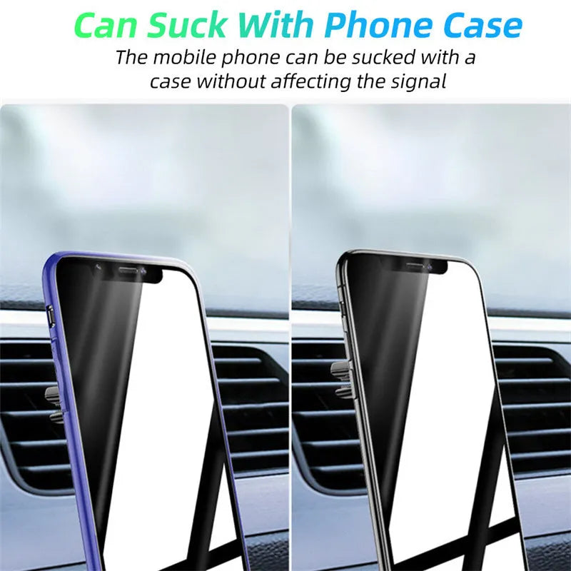Magnetic car phone holder mounted on vehicle air vent with smartphone attached