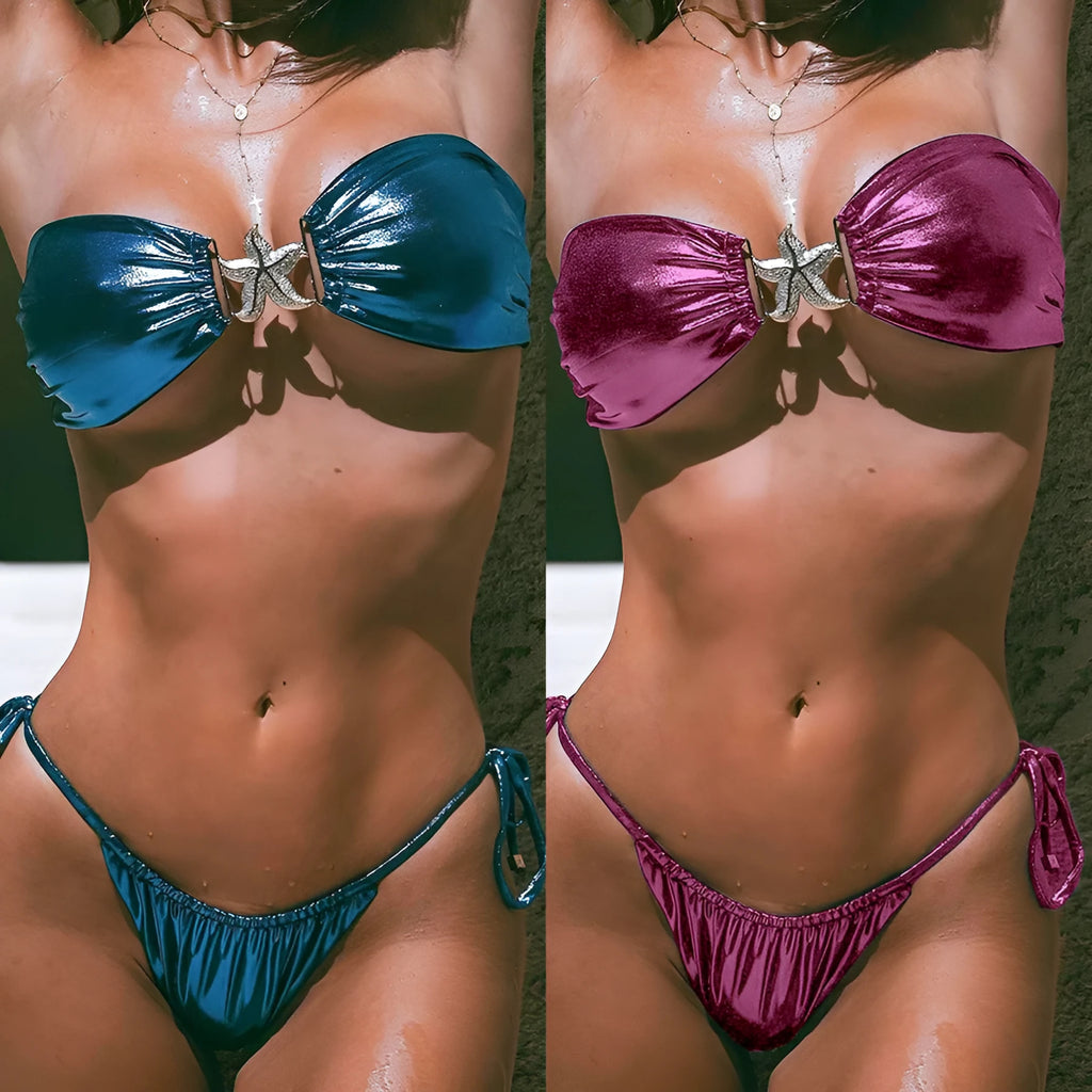 Glossy starfish pattern tube top bikini in blue or pink with quick-drying polyester fabric