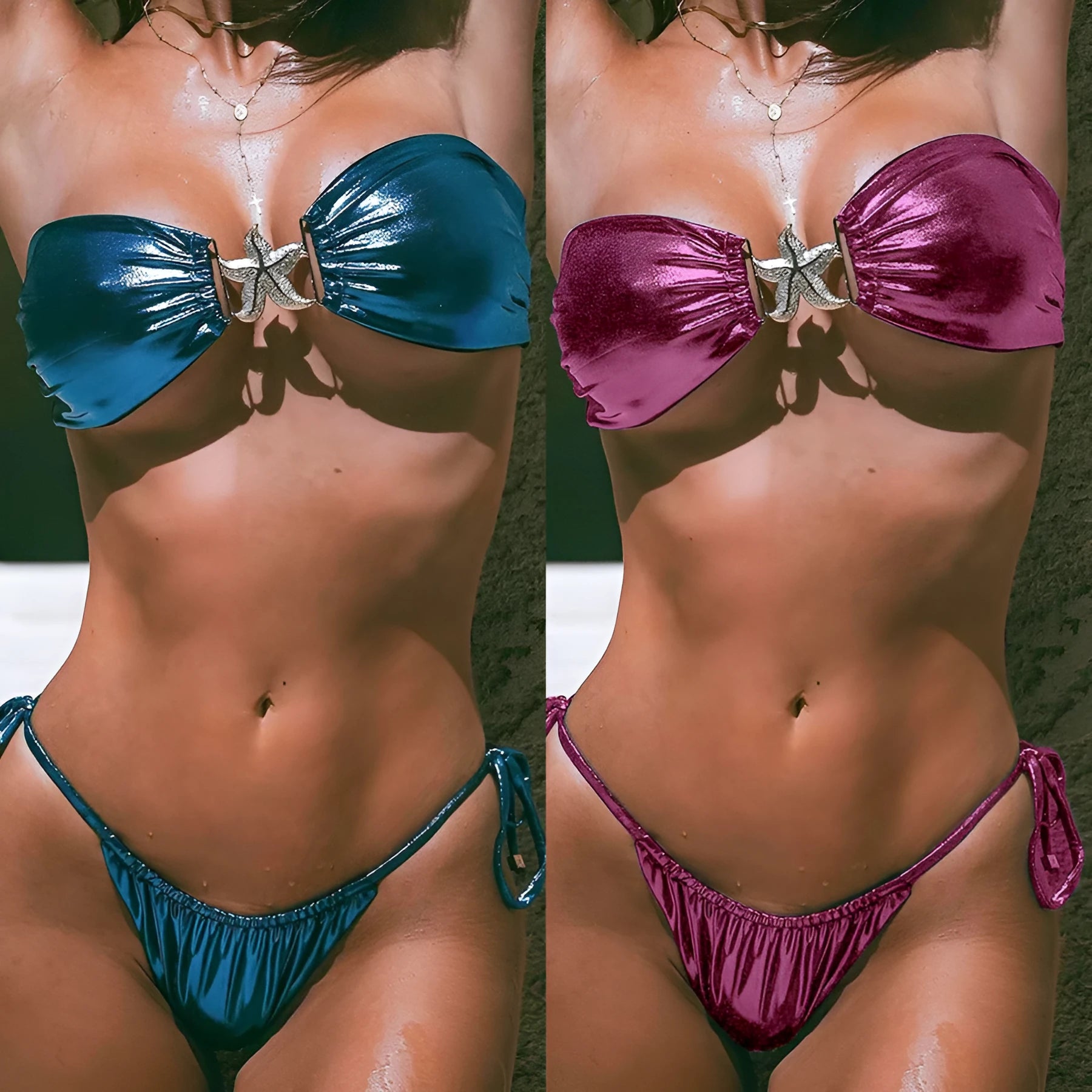 Glossy starfish pattern tube top bikini in blue or pink with quick-drying polyester fabric