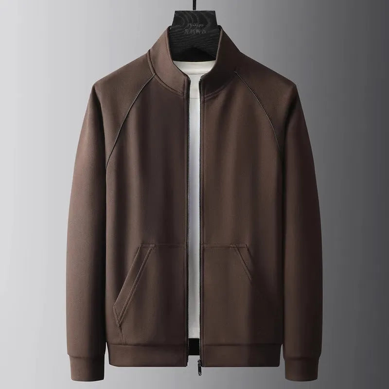 Men's slim fit stand collar tracksuit set in Vinylon fabric shown in black colour.