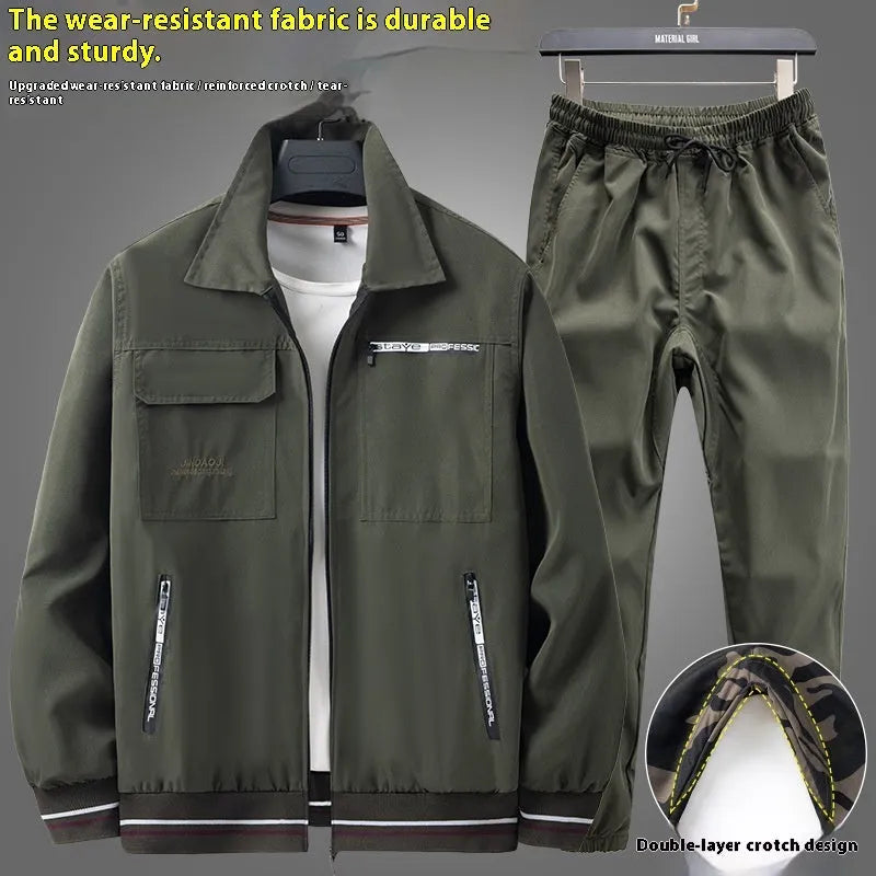 Men's camouflage cargo pants suit in Army Green with top and pants, lightweight polyester workwear