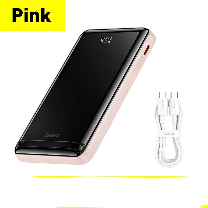 Slim 3-in-1 magnetic wireless power bank for iPhone in blue, white, or pink colours measuring 117.3mm