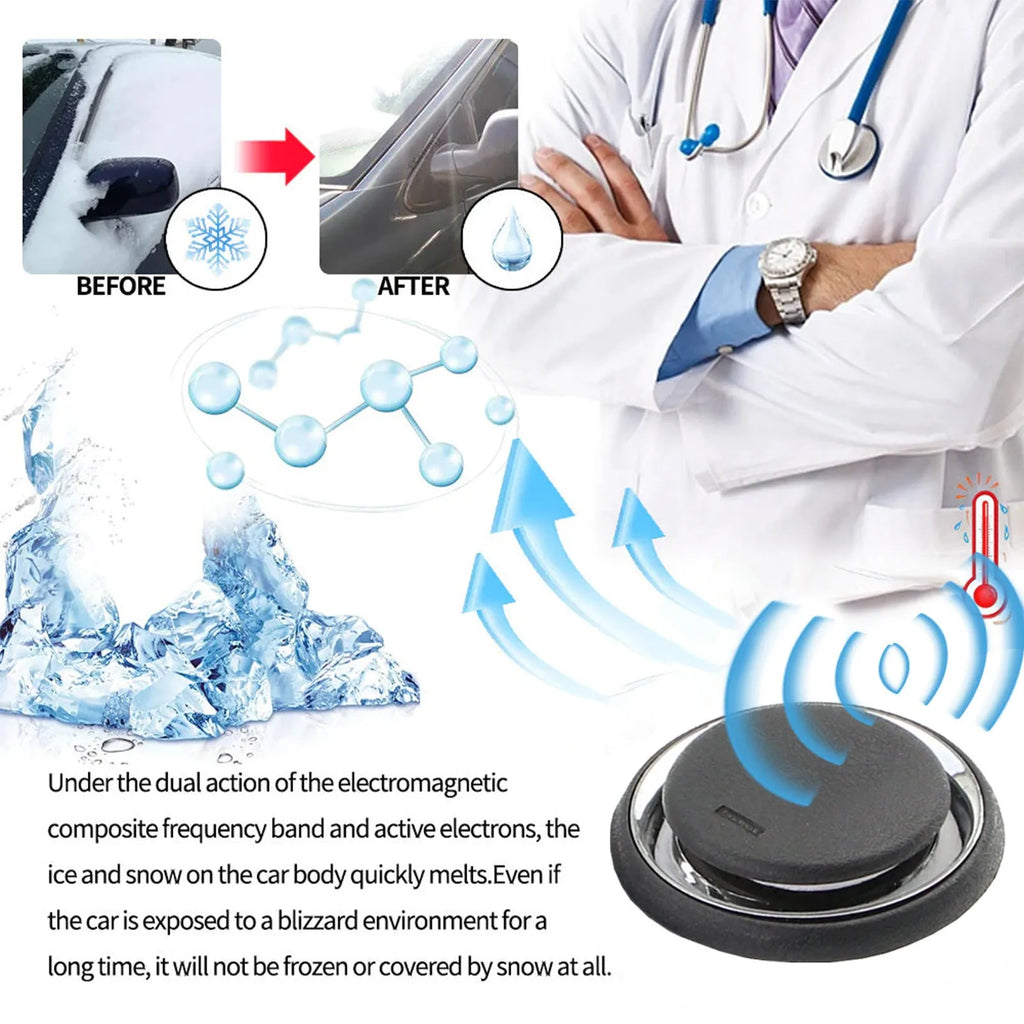 Black portable car deicing instrument for melting ice and snow on vehicle windscreens.