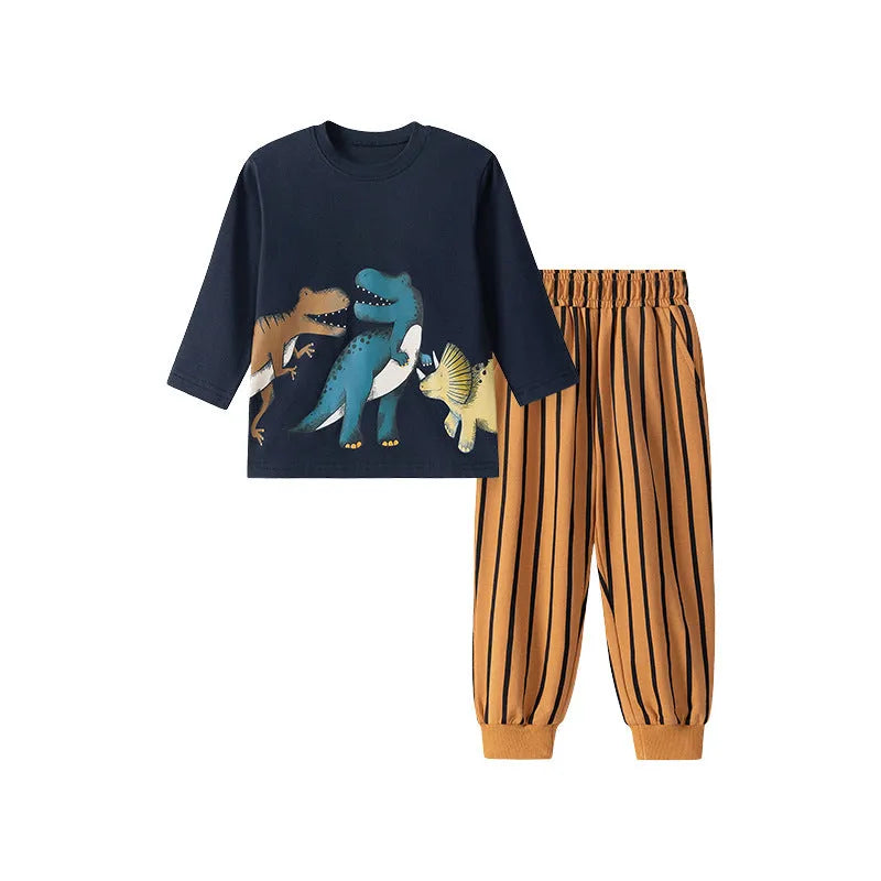 Children's two-piece cotton suit with long sleeve top and trousers in blue and orange animal stripe cartoon pattern