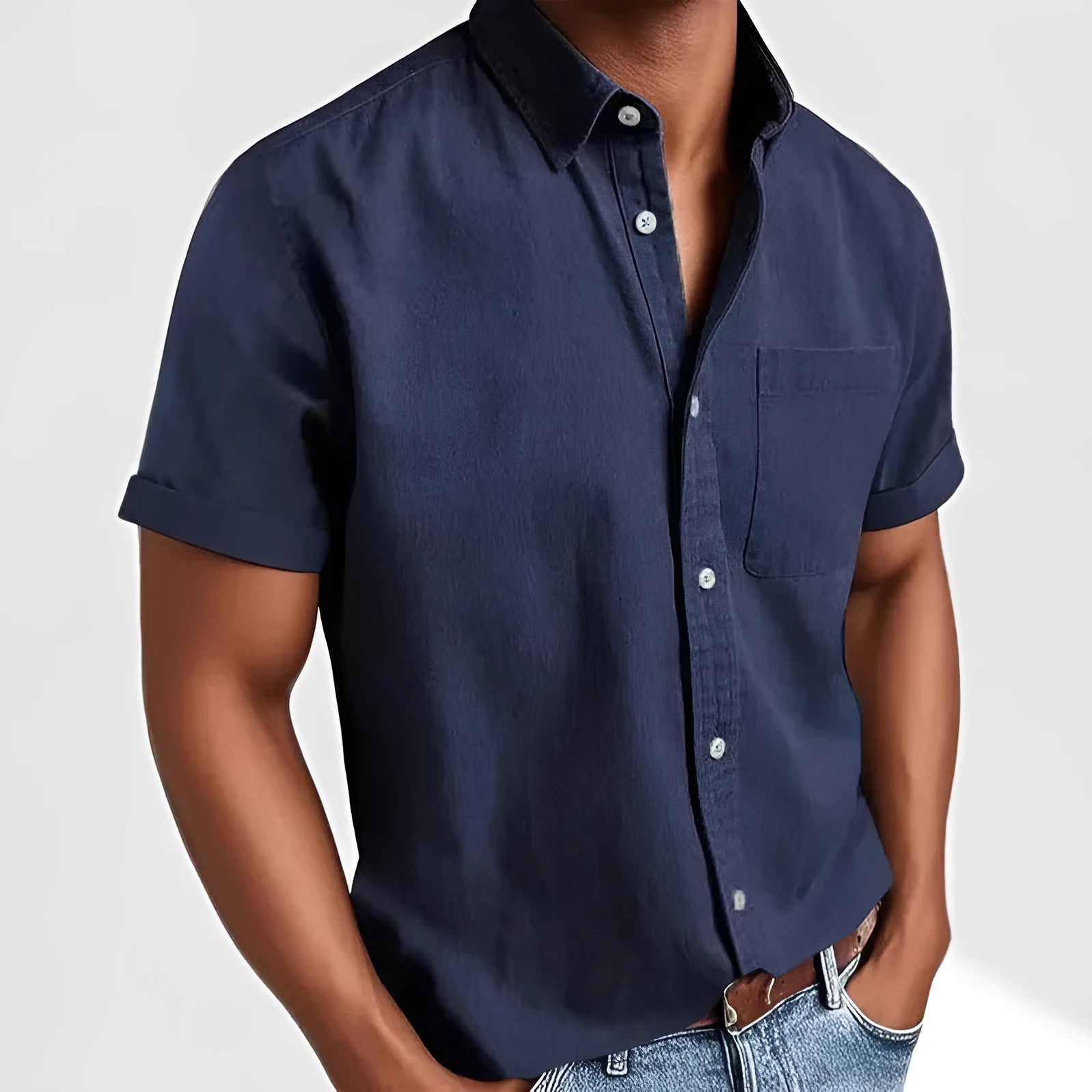 Men's short sleeve cotton blend shirt in cardigan style with loose fit