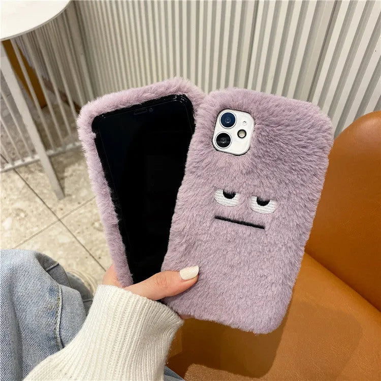 Fashion simple plush phone case cover in purple with funny emoticon design for iPhone