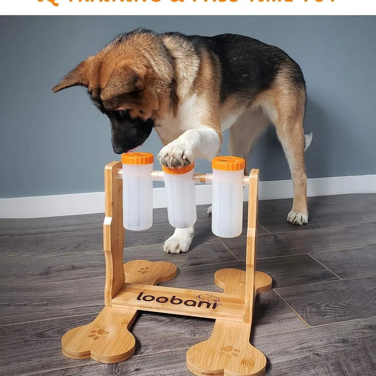 Wooden interactive dog puzzle feeder snack dispenser toy in natural wood colour