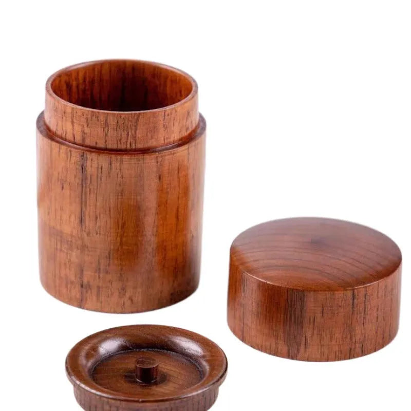 Wood texture tea canister with offset printing, 7.5cm diameter and 12cm height, brown finish
