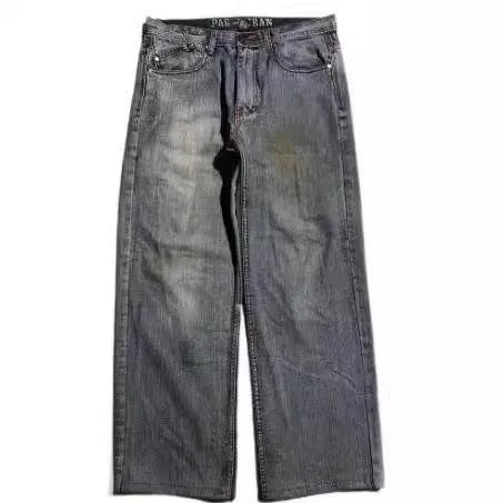 Grey washed wide-leg jeans with straight-leg workwear styling and mid-waist zip fly