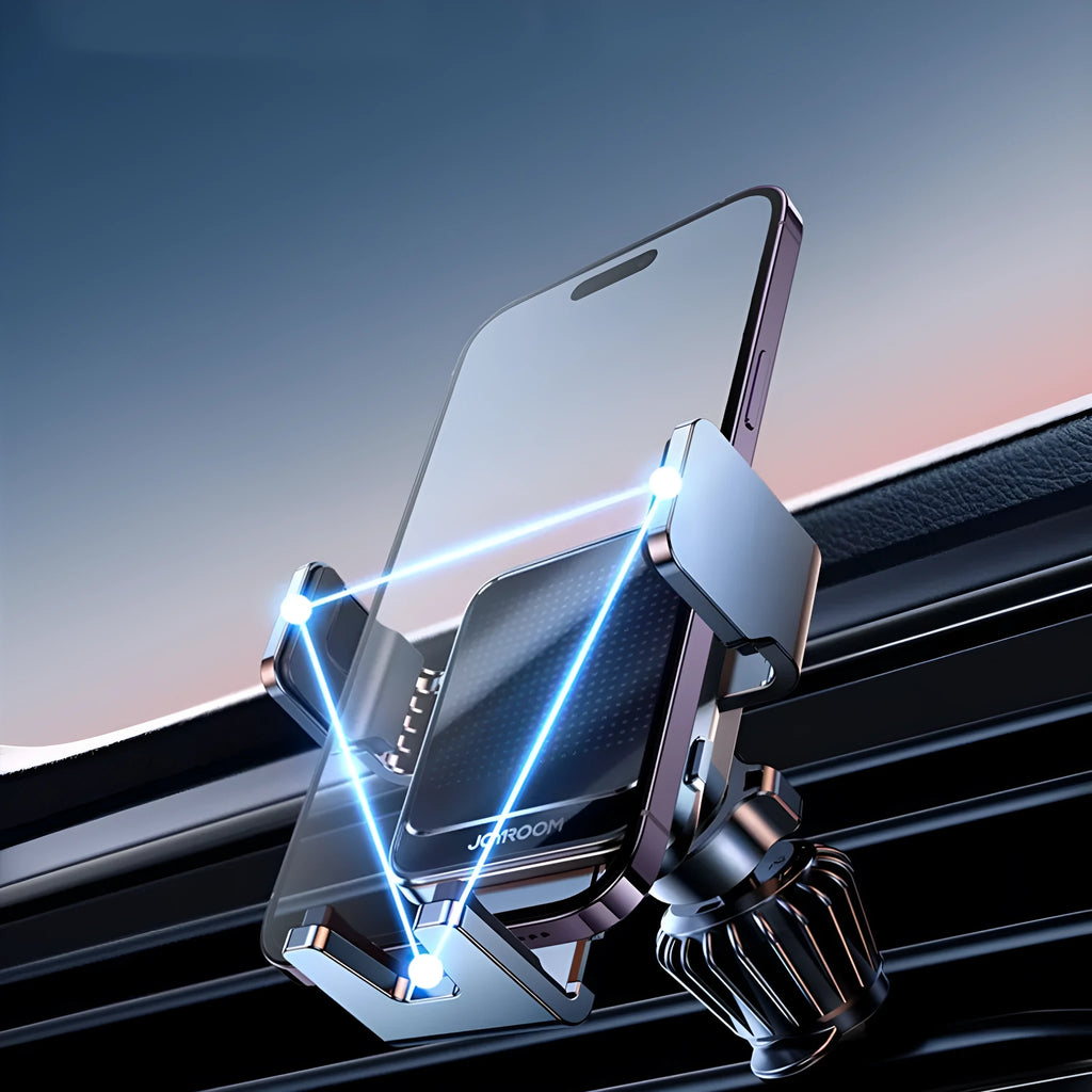 Black car wireless charging bracket mounted on an air vent, holding a mobile phone.