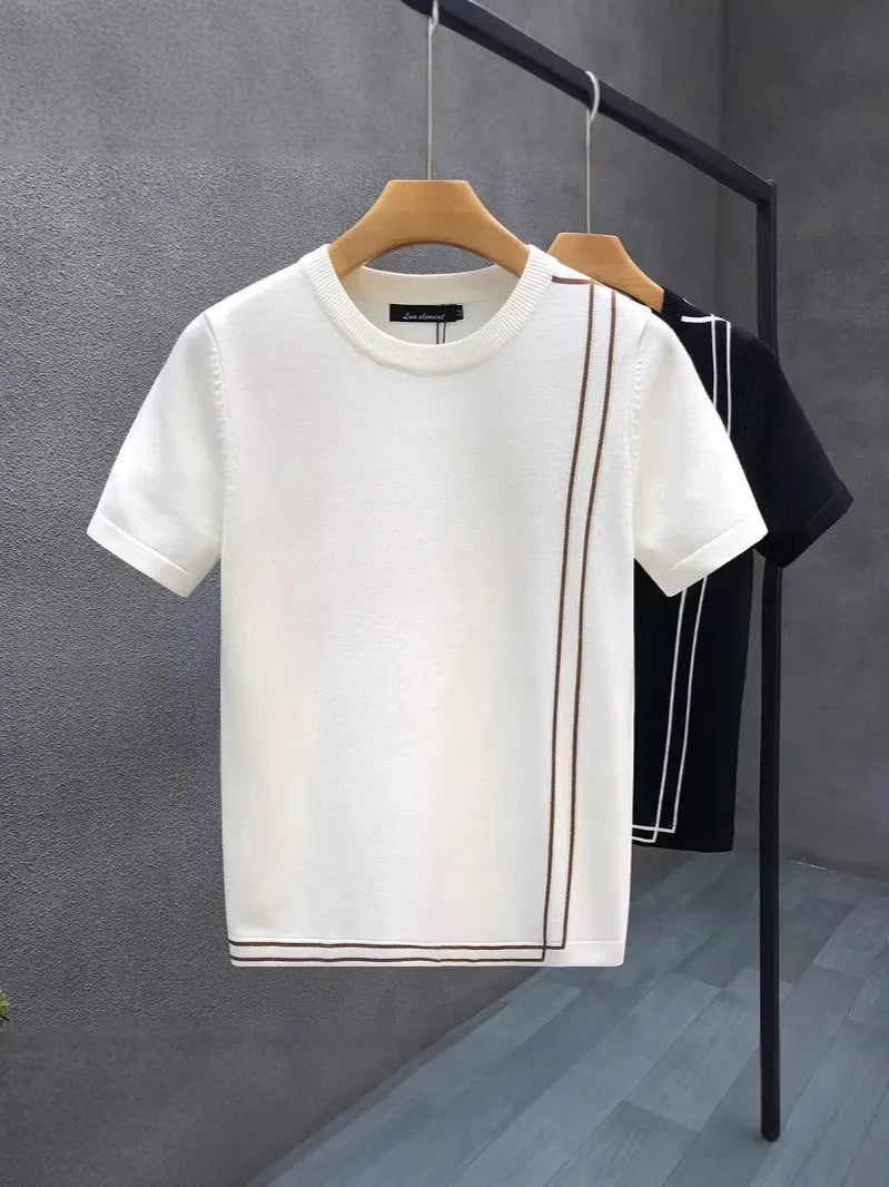 Striped knitted ice silk short sleeve men's slim fit T-shirt in black, drop shoulder design, summer retro style