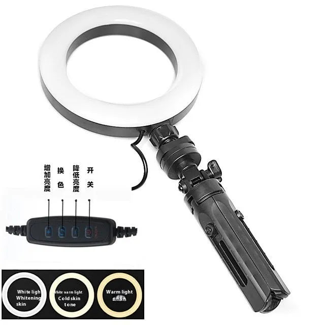 Black smartphone desktop tripod suit with adjustable colour fill light and universal clip mount.
