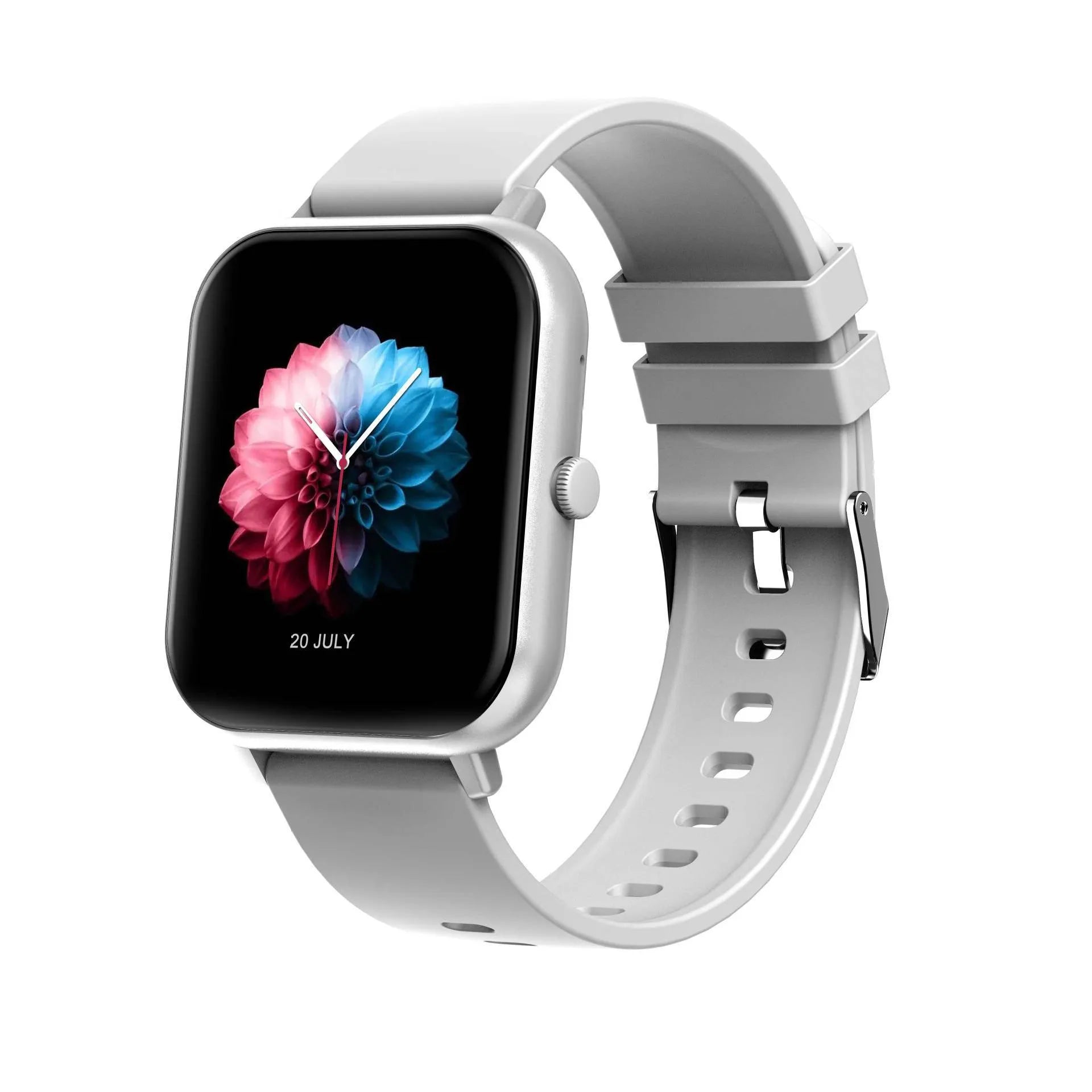 Bluetooth smart watch with heart rate monitor on wrist in black, pink, silver grey, or khaki colour.