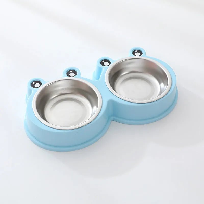 Stainless steel pet double bowl with frog design for food and water feeding