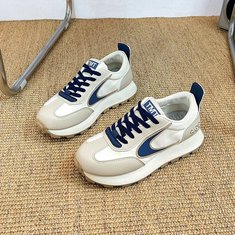 Forrest Gump heightened daddy shoes beige low top round toe mid heel 3-5cm height increasing sneakers