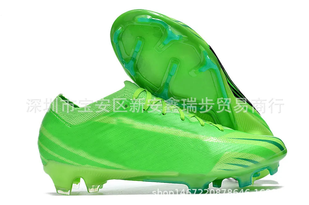 Men's low-top football shoes with knitted upper, rubber outsole with FG studs, shown in a front lace-up style.