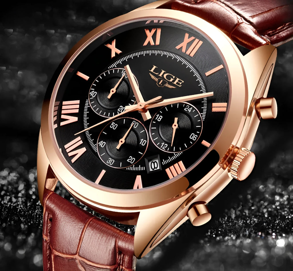 Men's quartz sports watch with date, 30M waterproof, alloy case, leather strap in black blue brown or white