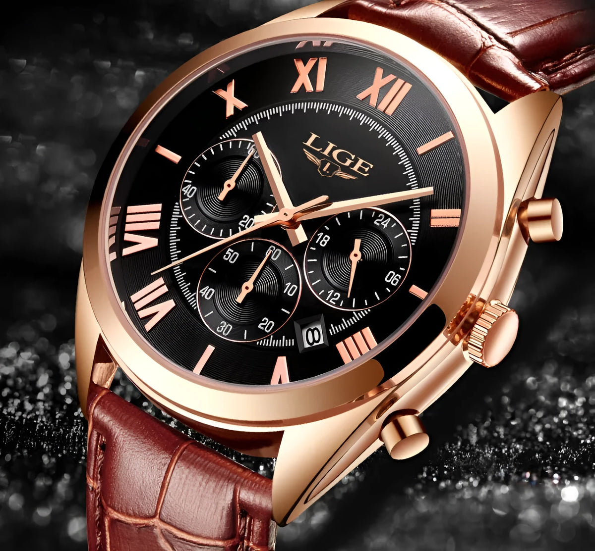 Men's quartz sports watch with date, 30M waterproof, alloy case, leather strap in black blue brown or white