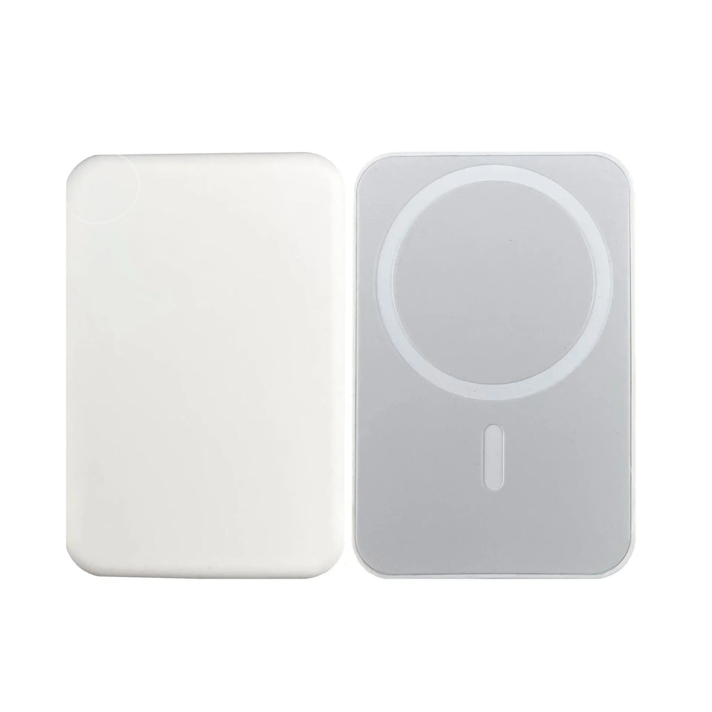 White wireless power bank with magnetic charging surface showing 5000mAh capacity label