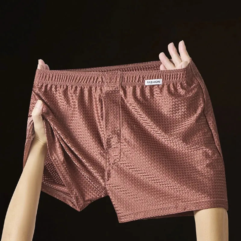 Men's nylon ice silk boxers in carbon crystal black, solid colour, knitted fabric, mid waist