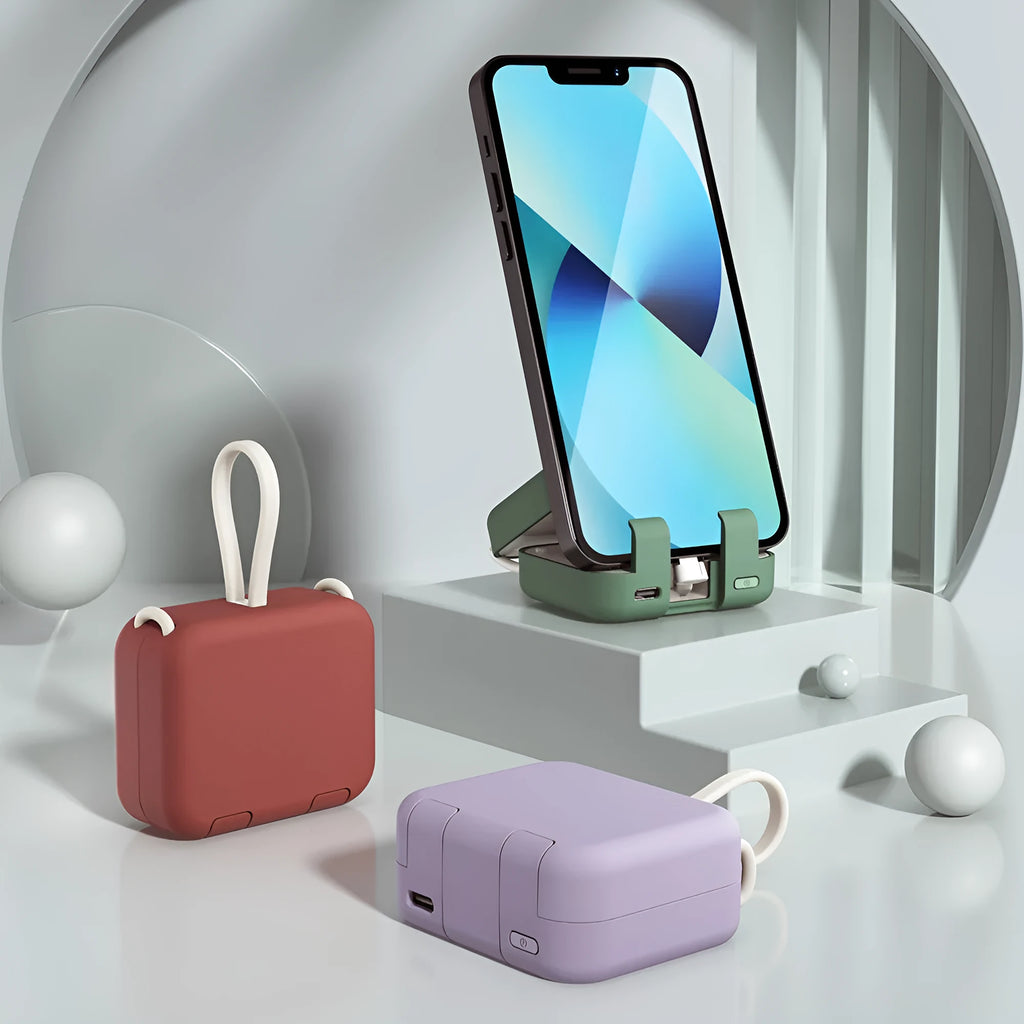 Multi-function bracket mobile power supply with dual cables and phone stand, 4000mAh, in green