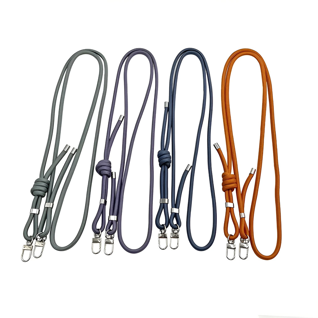 Adjustable crossbody phone lanyard in black with alloy clip, 120-160 cm length, handmade unisex mobile strap