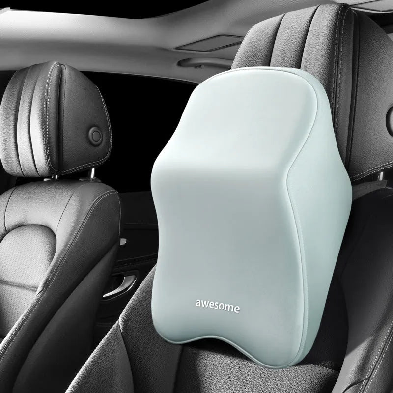 Memory foam car lumbar pillow and matching headrest with geometric pattern in choice of four colours