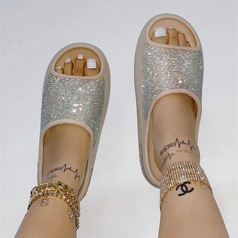 Women's rhinestone slippers with peep-toe thick sole in apricot, side view showing rhinestone upper and EVA sole
