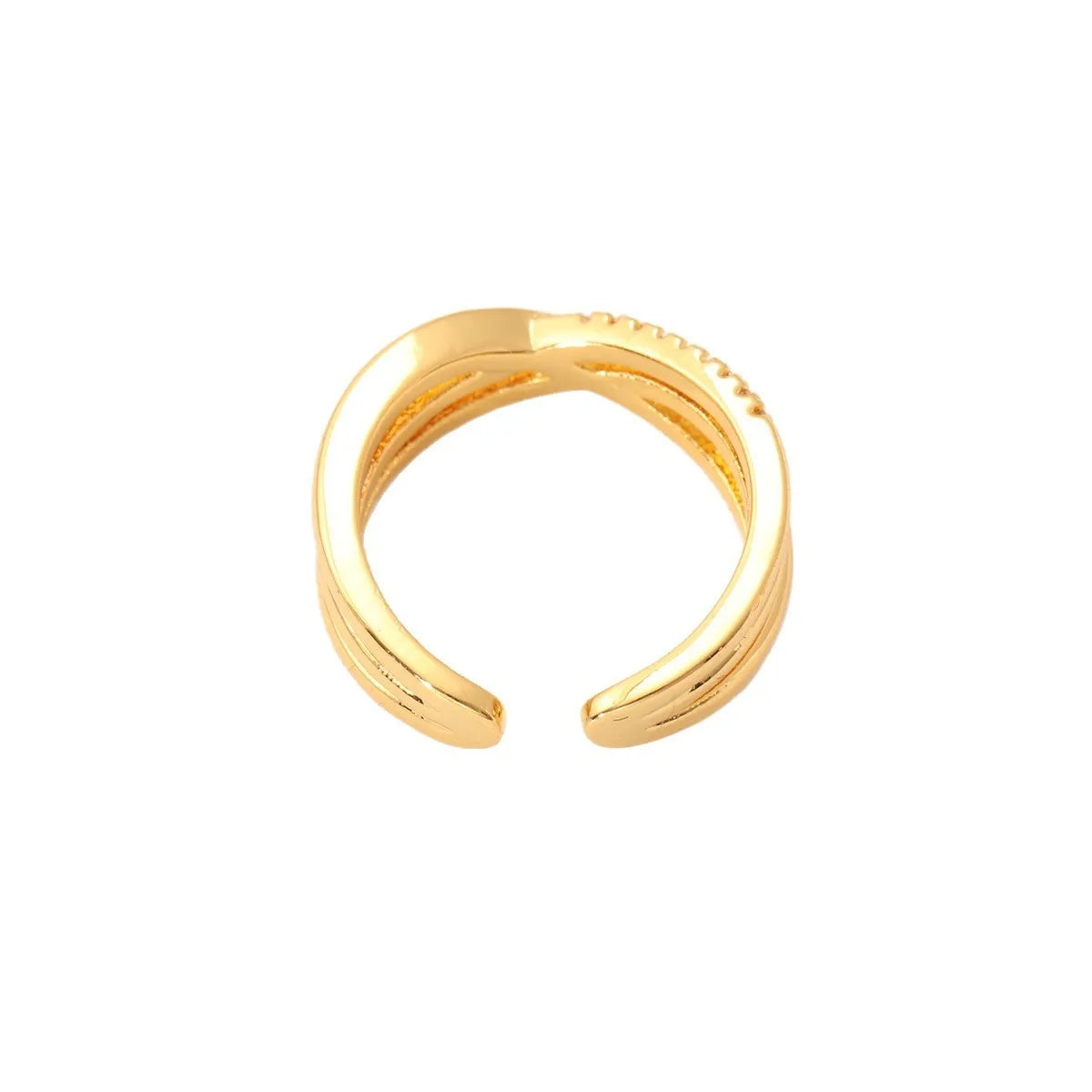 Women's gold open ring with geometric line pattern on copper base